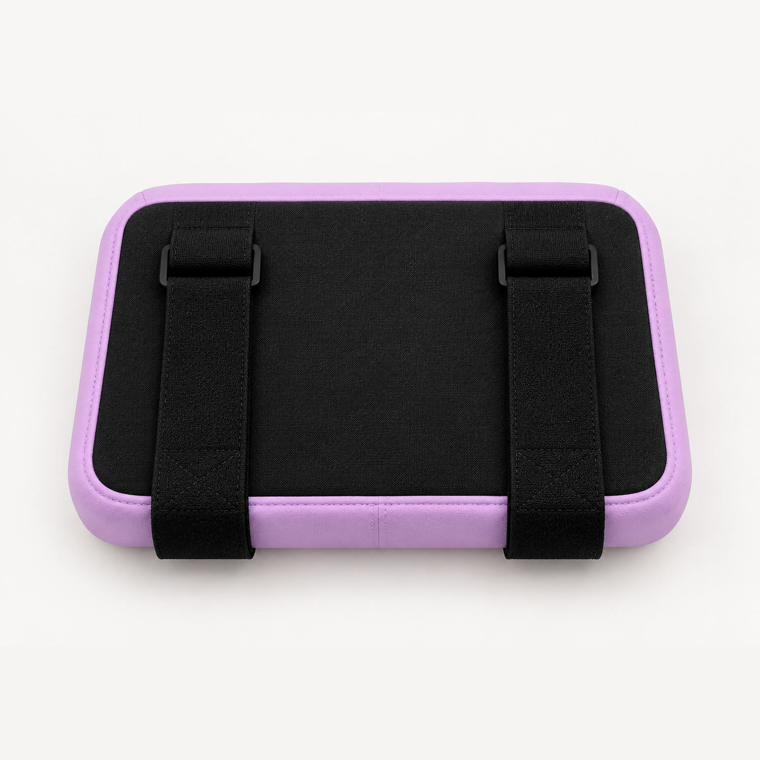 Back side of the lavender HIPHUG foam pad showing adjustable black straps and buckles