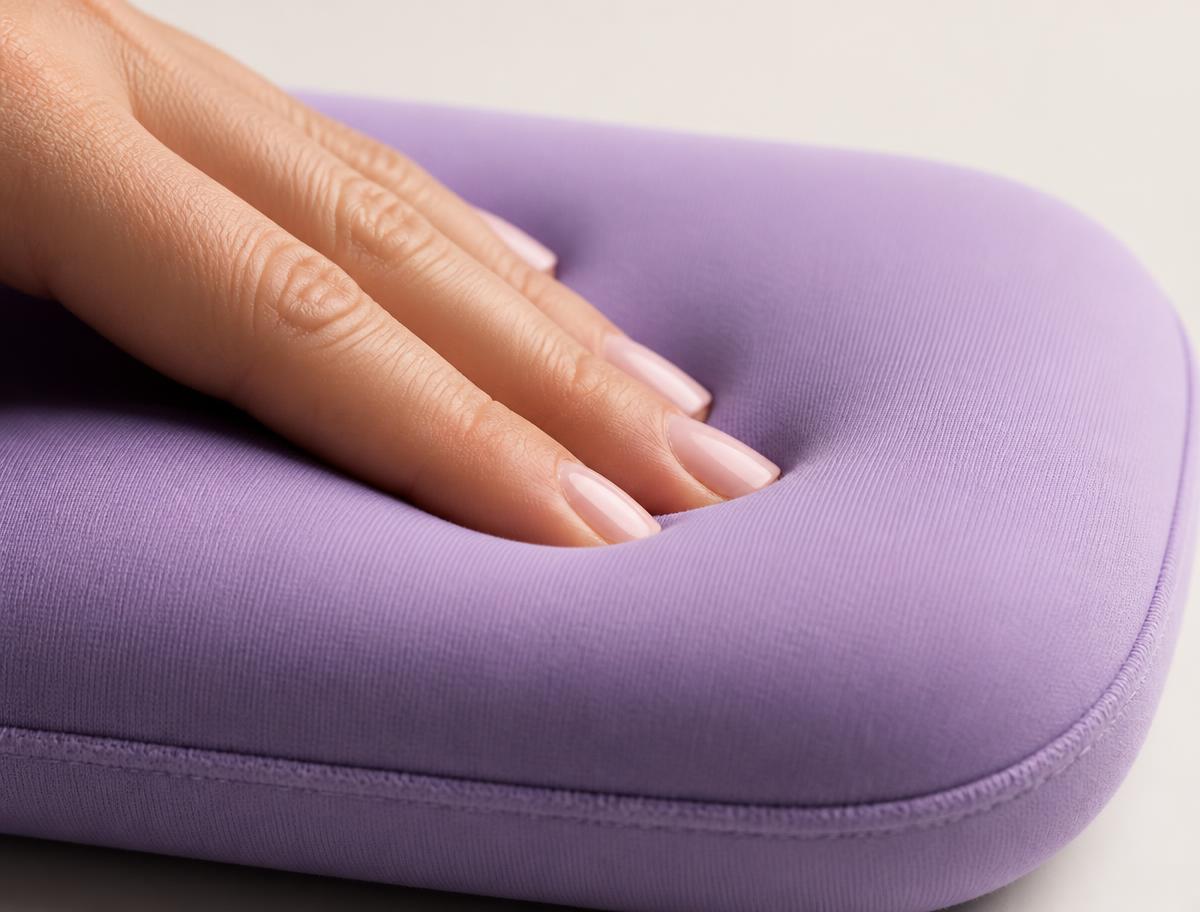 Hand pressing into the soft lavender neoprene surface of the HIPHUG pad