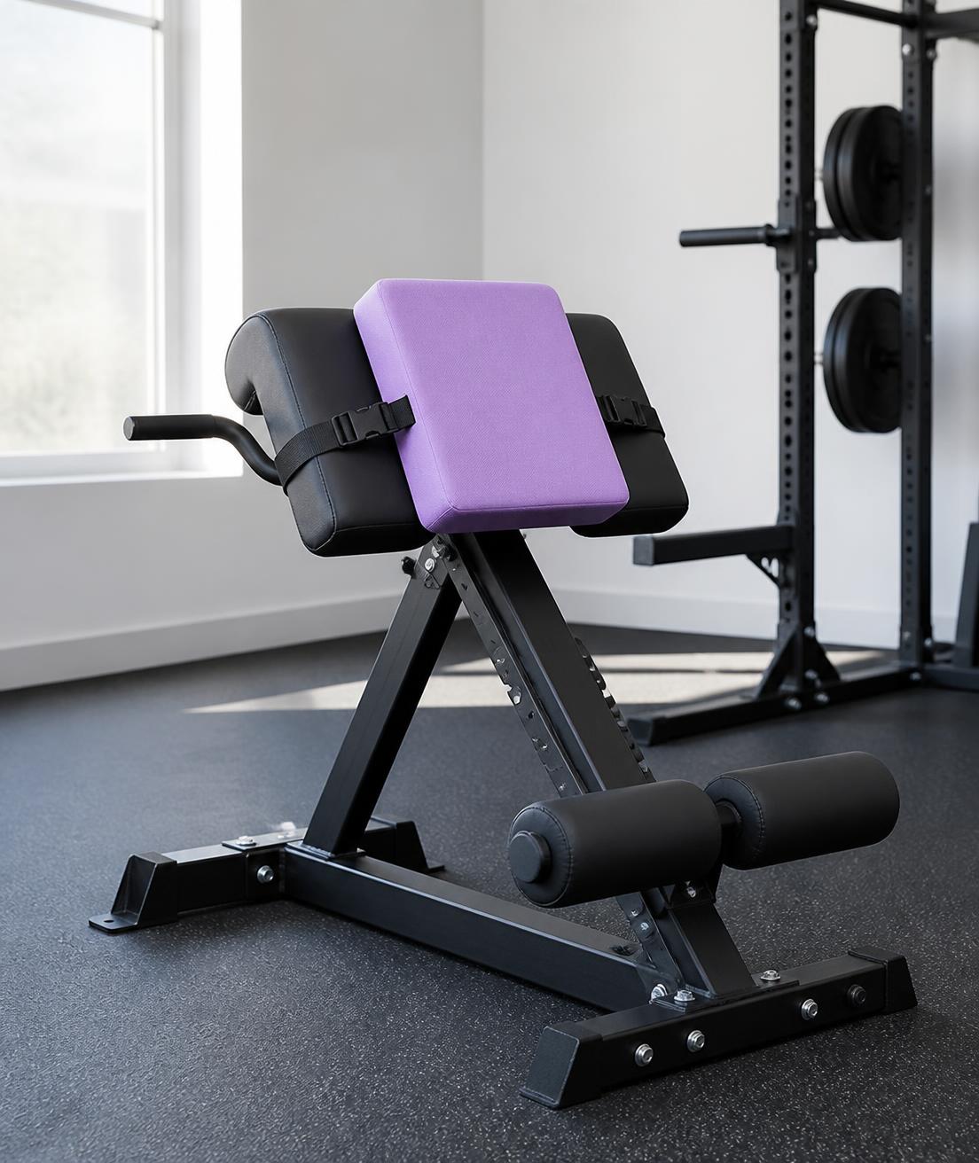 Lavender HIPHUG pad strapped to the hip pads of a 45-degree hyperextension bench